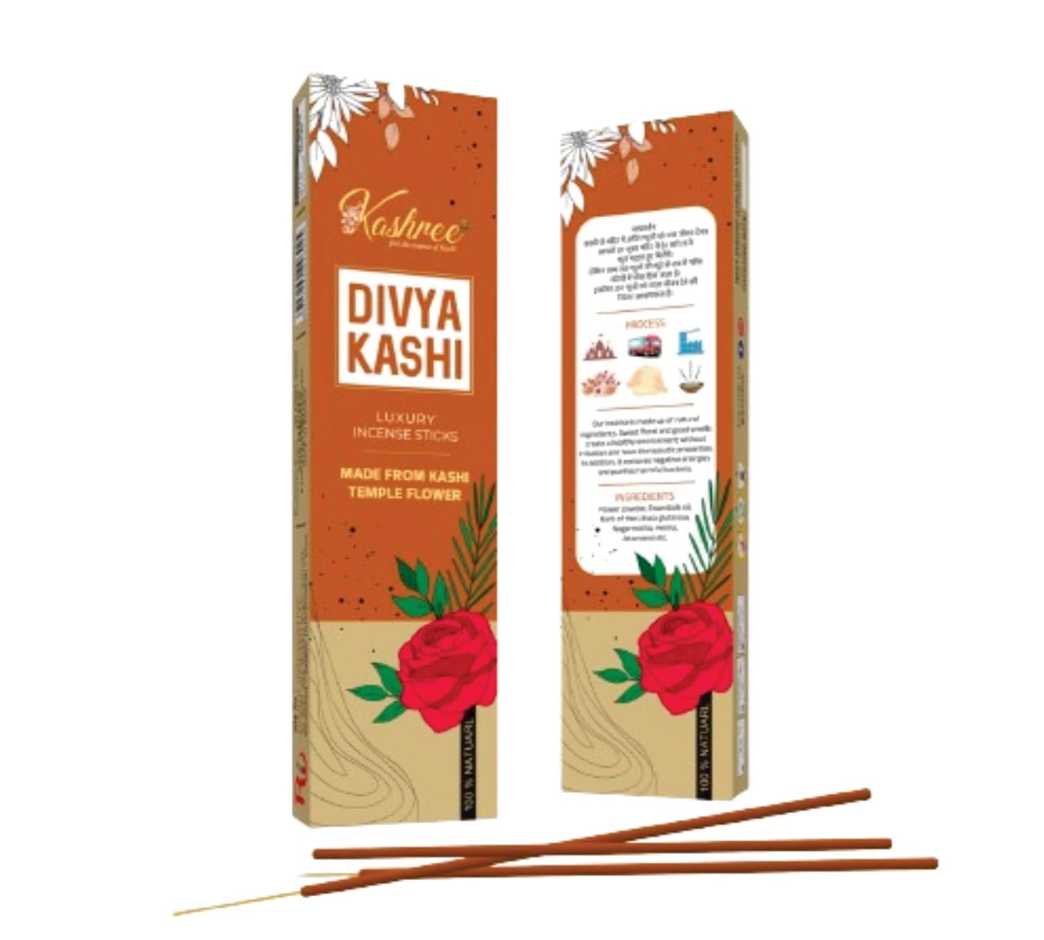 Divya KASHI Luxury Designer Incense | Fragrances - Rose |Pack of 3 (105 Organic Agarbatti Sticks) | Free Stand |100% Organic