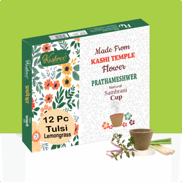 Prathameshwer Sambrani Havan Cup | Lemongrass - Made from KASHI Temple Flowers | Pack of 2(24 pcs +Burner Plate/Pack)